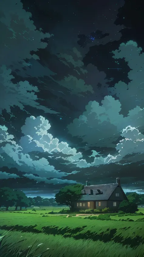 anime scenery of a house in a field under a cloudy sky, cartoon moody scene, anime clouds, studio ghibli sky, anime atmospheric, anime landscape wallpaper, 4k highly detailed digital art, cloudy night, detailed scenery —width 672, 4 k hd illustrative wallp...