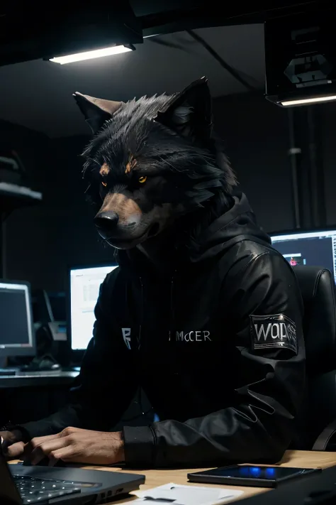 Generate me a hacker wolf, that has more code screens and more real