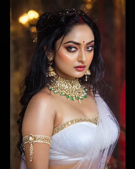 Looks like Sandeepa Dhar, ethereal beauty, ethereal fantasy, a mythological fairy, apsara in Hindu mythology, erotic, busty wet , curvy, photography, cinematic, jewellery, 4k, epic, detailed photograph, shot on kodak detailed, bokeh, cinematic, hbo, volume...