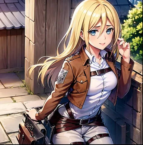 ((1girl)),((alone)), Reiss historia, (Shingeki no kyojin ),(masterpiece), (best quality), (ultra detailed), (best illustration), (best shadow), (absurdities ), sharp focus, cowboy shot, atmospheric perspective, depth of field, dynamic posture, ((looking at...