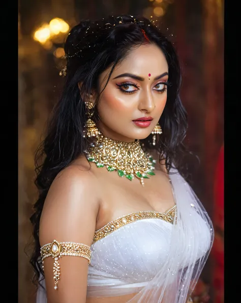 Looks like Sandeepa Dhar, ethereal beauty, ethereal fantasy, a mythological fairy, apsara in Hindu mythology, erotic, busty wet , curvy, photography, cinematic, jewellery, 4k, epic, detailed photograph, shot on kodak detailed, bokeh, cinematic, hbo, volume...