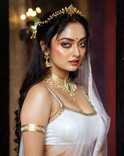 Looks like Sandeepa Dhar, ethereal beauty, ethereal fantasy, a mythological fairy, apsara in Hindu mythology, erotic, busty wet , curvy, photography, cinematic, jewellery, 4k, epic, detailed photograph, shot on kodak detailed, bokeh, cinematic, hbo, volume...