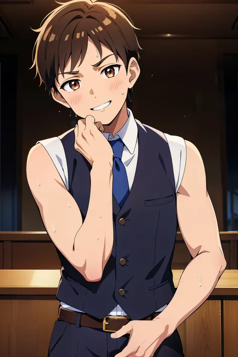 Highres, Masterpiece, Best quality at best,Best Quality,hight quality, hight detailed, Anime style, 1boy, a young student, Give me a picture of a young boy who is a student from an elite school, Sleeveless uniform, tie, belt, Sleeveless vest, cuddle, prett...