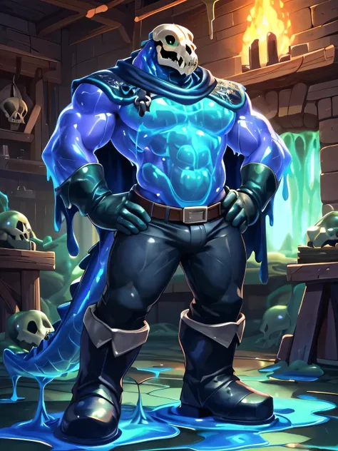 solo, anthro, Slime anthro, slime reptile, crocodile skull, humanoid skeleton, blue slime, blue goo, blacksmith outfit appron, blacksmithing background, forge, flames, small eyes, green eyes, hands on hips, posing (Slimy body, goo body, slime body, see thr...