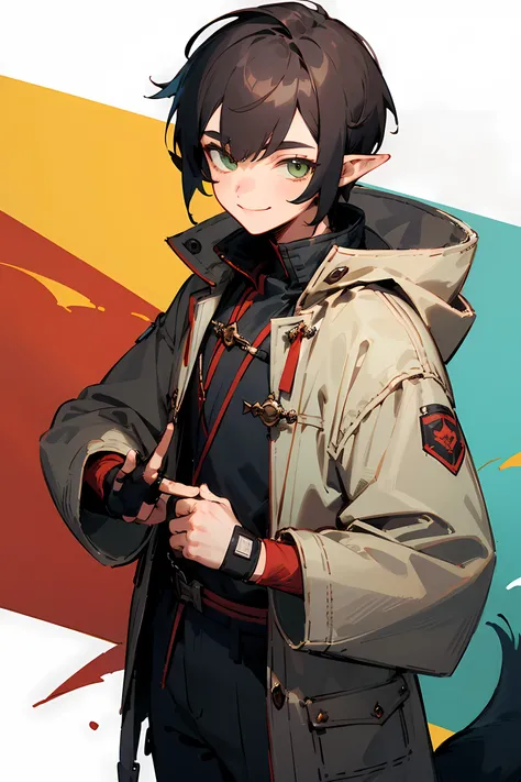 ((best quality)), ((masterpiece)), (detailed), Male, short hair, dark hair, chin lenght hair, green eyes, wearing small grey coat, wearing fingerless gloves, smilling, holding a pocket knife, smilling, imp tail, pointy ears, pointed ears