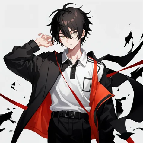 1boy, anime, messy_short_parted_hair, black_hair, gray_polo_dress, red_belt, black_belt, amber_eyes, white_background, looking_at_viewer