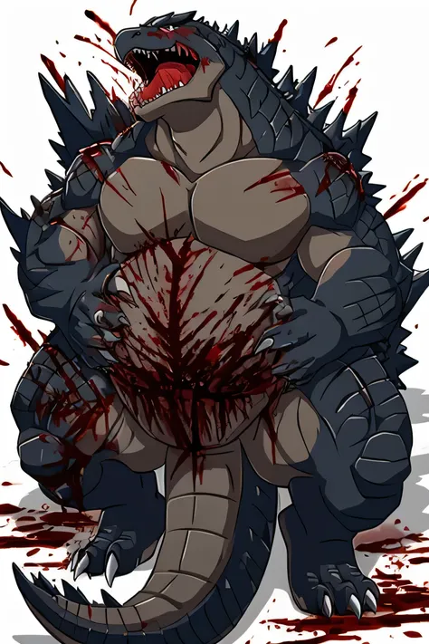 (Gore), Godzilla, defeat, (Lower body disappears), half of the body Torso cutting, (Lower body lost), (Dying), (lying), (stomach cut), (Blood gushes out), (Screaming with a pained expression), Wounds all over the body, Face also injured, Blood dripping fro...