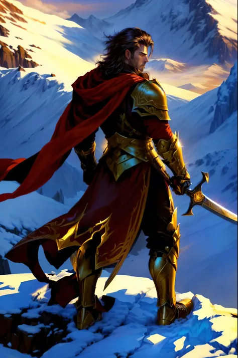 A warrior man with a sword standing on a mountain, epic fantasy digital art style, epic graphic novel wallpaper, epic fantasy art style, epic rpg portrait, detailed digital 2d fantasy art, male paladin, martin ansin, epic fantasy style art, silvain sarrail...