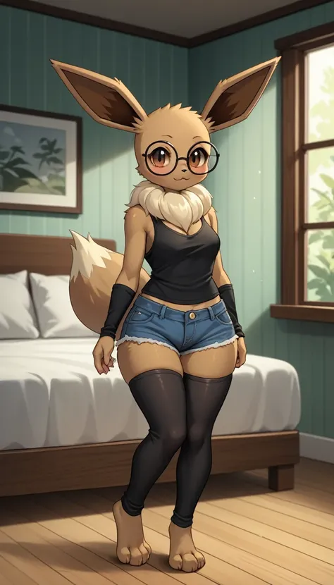 (zPDXL2), (PonyXLV6_Scores), source_anime, source_anthro, 
Solo, an Anthro furry female eevee pokemon, brown eyes, bald, tall slender body, wearing black tank top, nerdy glasses, black arm warmers, jean shorts, black thigh highs with exposed toes, feet paw...