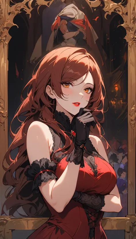 Lin Mingmei, 1 lady, milf, older women, alone, long twisty hair, princess victorian dress, looking at the audience, skirt, long hair, orange eyes, eyes, sign, Bangs, cosmetic, red hair, Upper body, lipstick, styled hair, bridal gloves, sleeveless, hot sedu...