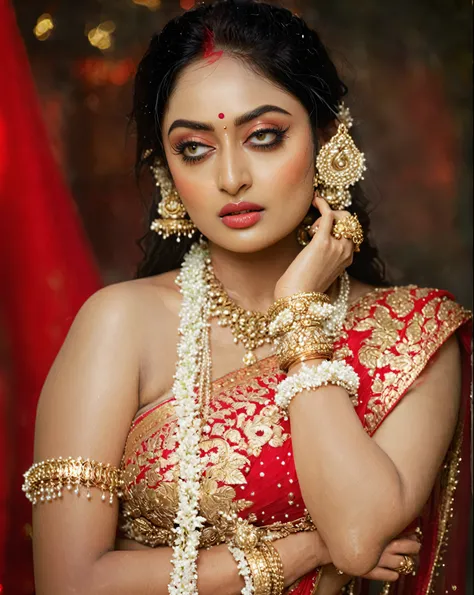 Looks like Sandeepa Dhar, ethereal beauty, ethereal fantasy, a mythological fairy, thick fleshy figure, apsara in Hindu mythology, erotic, busty wet , curvy, photography, cinematic, jewellery, 4k, epic, detailed photograph, shot on kodak detailed, bokeh, c...