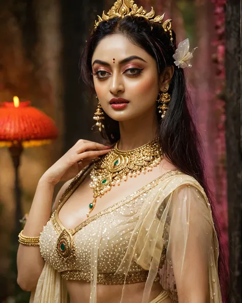 Looks like Sandeepa Dhar, ethereal beauty, ethereal fantasy, a mythological fairy, thick fleshy figure, apsara in Hindu mythology, erotic, busty wet , curvy, photography, cinematic, jewellery, 4k, epic, detailed photograph, shot on kodak detailed, bokeh, c...