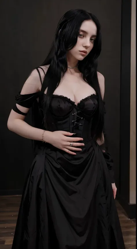 Emo girl, black hair, serius face, young face, standing (all body) wearing a long dark dress covering all the body with a xposed black corset, straight hair, pale skin, using jewelry, long hair thats goes above the waist, hourglass body