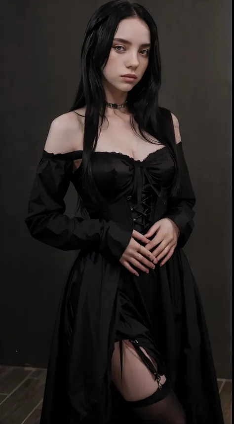 Emo girl, black hair, serius face, young face, standing (all body) wearing a long dark dress covering all the body with a xposed black corset, straight hair, pale skin, using jewelry, long hair thats goes above the waist, hourglass body