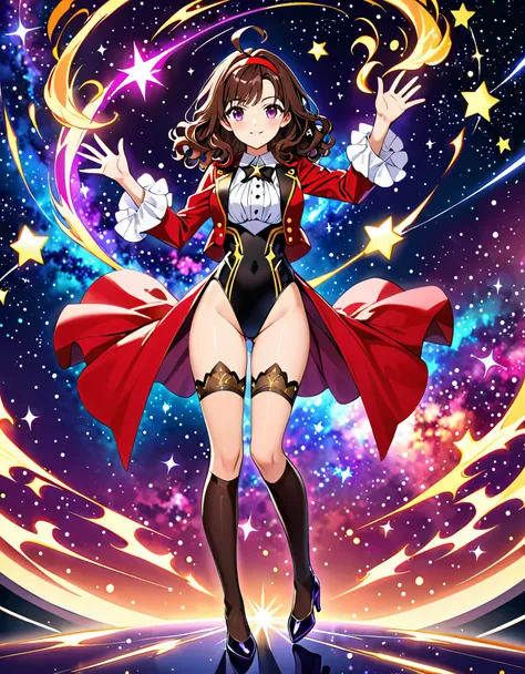 Woman with brown eyes, young adult, (medium hair, dark brown hair, wavy hair, red hairband), ahoge, ((white blouse with black stars, vest, red jacket with stars)), (leotard, bare legs, matching thigh highs, black thigh highs, high-heel shoes), purple stell...