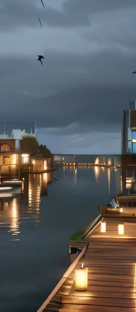 A coastal port village with houses, and docks submerged in a dramatic flood, (best quality,4k,8k,highres,masterpiece:1.2),ultra-detailed,dramatic lighting,moody atmosphere, and splashing water,cinematic composition