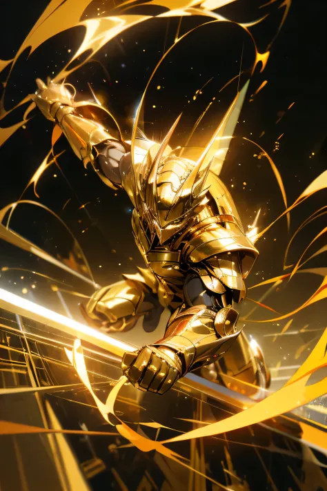 FIGURE IN MOVEMENT, PERSPECTIVES, FIGHTNING, GOLDEN MAN WARRIOR FIGURE, GOLDEN ARMOUR, GOLD, SHINING, ARRIVING TO EARTH, BLACK CITY, DESCENDING MAN 