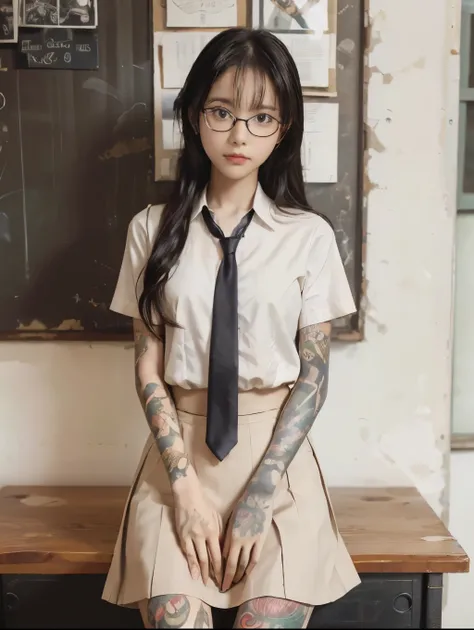 1girl, raw photo, 8k, (top-quality), Realistic, (real picture, Intricate details), (natural skin texture, detailed skin, hyper realism, sharpness), Japanese teenage glasses girl sitting on school desk in old high school classroom, ((school uniform)), (blue...