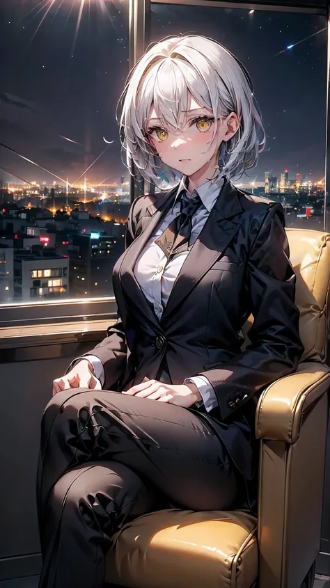 a 2 female chief detective. Short white hair and intense yellow eyes reflect a serious and professional expression. She is dressed in an elegant black suit, consisting of a blazer and trousers, with a white blouse underneath. She is sitting in an armchair ...