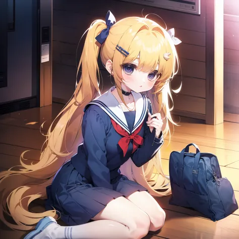 The girl is dressed in a school uniform, bowed down, blush, apologizes for something, trembles