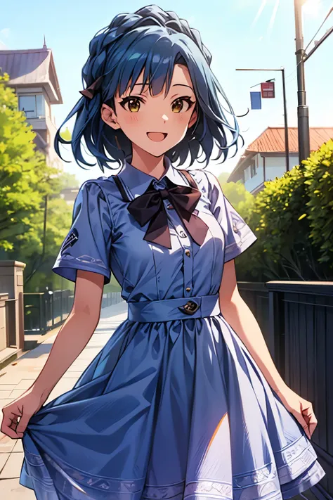 yuriko nanao (million live), 1 girl, Solo, Best Quality, masterpiece, 8K, High resolution, Ultra-detailed, madeon, student, summer uniform, light blue dress, collared dress, outdoor, smile, happy, have fun,