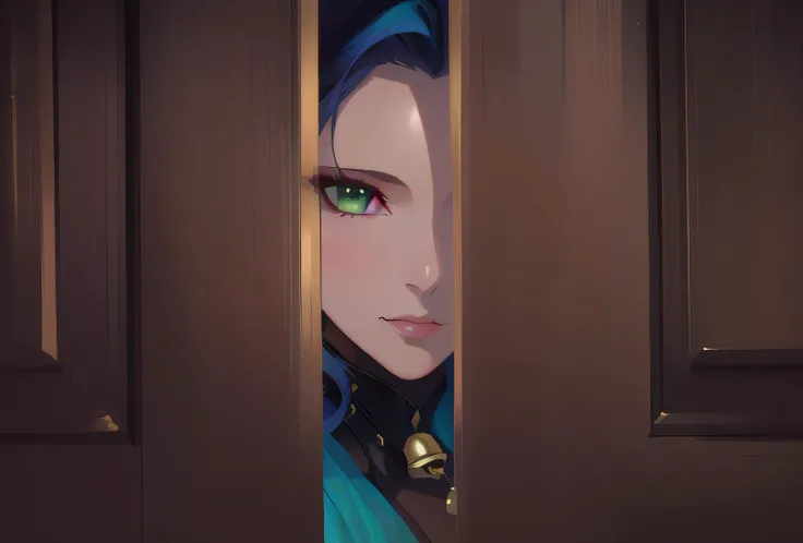 there is a woman peeking out of a door with a bell, closed up portrait, close - up portrait shot, mysterious woman, close up portrait photo, mysterious portrait of a woman, sexy girl with green eyes, mysterious portrait, 50mm portrait, portrait shot, cinem...