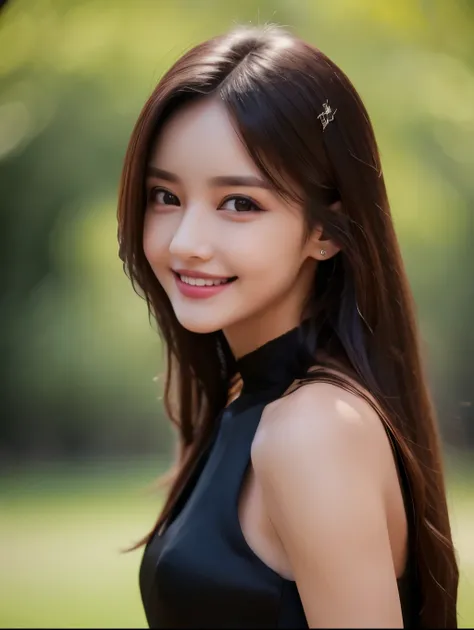 8k, ultra High resolution, highest quality, masterpiece, surreal, photograph, 1 woman, ((solo)), long hair ,((smiling:1.2)), Beautiful eyes in every detail, Black silk dress,close, raw photograph,