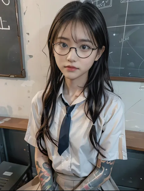 1girl, raw photo, 8k, (top-quality), Realistic, (real picture, Intricate details), (natural skin texture, detailed skin, hyper realism, sharpness), Japanese teenage glasses girl sitting on school desk in high school classroom, ((school uniform)), (blue ti...