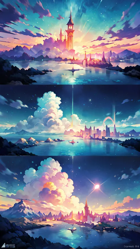 Visualize a mesmerizing scene from a magnificent realm of romantic dreams. The environment is filled with intricate floating islands, nuvens fofas, cachoeiras caindo das ilhas flutuantes, e um vibrante, atmosfera surreal. The atmosphere is filled with a se...