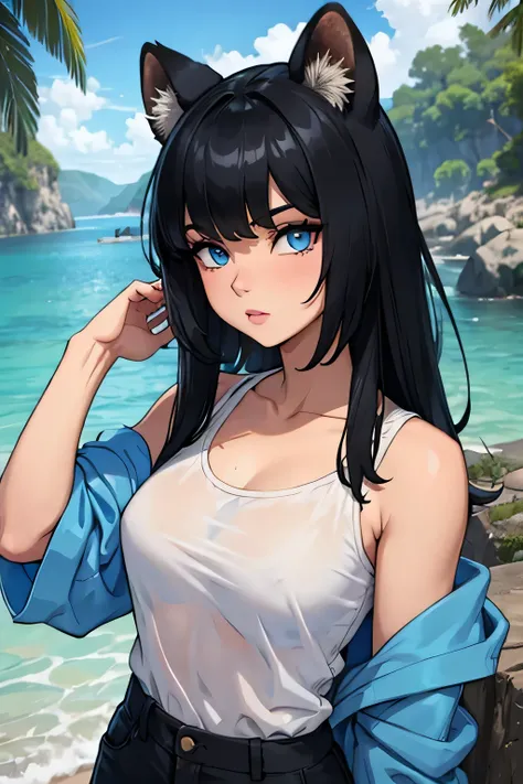 Female, black hair, blue eyes, otter ears