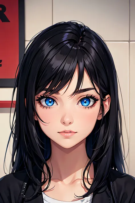 Female, black hair, blue eyes