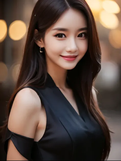 8k, ultra High resolution, highest quality, masterpiece, surreal, photograph, 1 woman, ((solo)), long hair ,((smiling:1.2)), Beautiful eyes in every detail, Black silk dress,close, Leica 50mm,