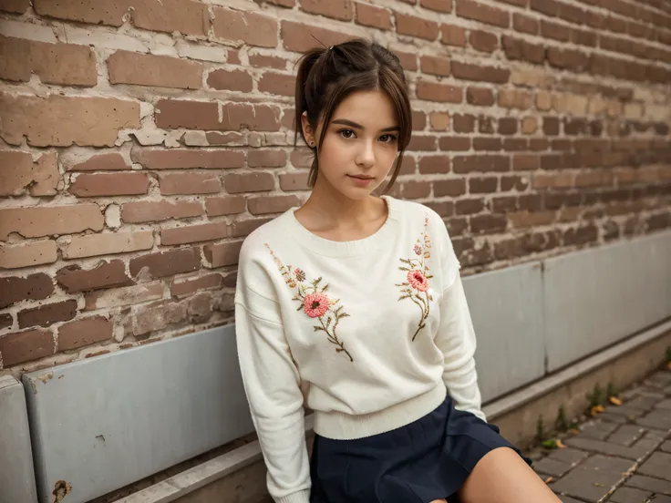 a young woman with dark brown ponytails hairstyle, medium size chest, in front of a white brick wall, wearing an embroidered sweater and a skirt with a floral print. She is sitting on top of old white radiators, realistic picture, she is lookign away from ...