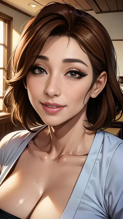 uhd, masterpiece, best quality, 8k, One person、Japanese、Mature Woman、40 years old、housewife、(Realistic facial wrinkles:1.2)、Brown Hair、Medium Hair、Close-up photo with focus on face、Center the screen、Relaxing at a cafe、Perfect Makeup、Beautiful eyeshadow、Bea...