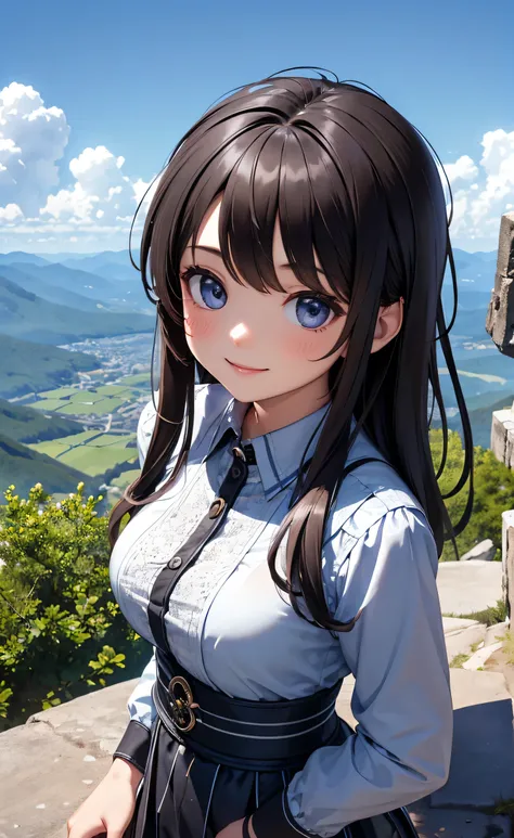 best qualityer, work of art, 4k resolution, high-detailed face, a girl alone is on a mountain, but with a smile looking at the landscape.