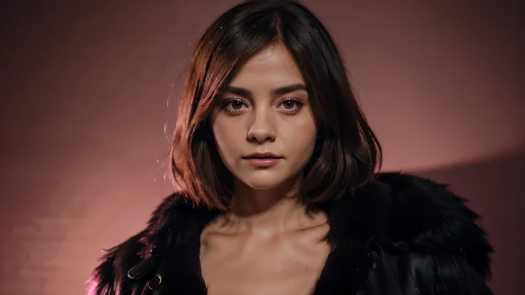 Jenna Coleman, Detailed face, detailed face, slim, naked, infinity pink background, scenographic lighting, black fur