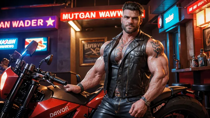 Close-up photo of Benjamin, bandana, male focus, muscular, tattoo, barba, 30 year old man, motorcyclist, Cowboys, vest, Hyper realistic, Best Quality, award-winning photo, wide angle shot, head to toe, at the dive bar, raw photo, 8k hd, sharp focus, cinema...