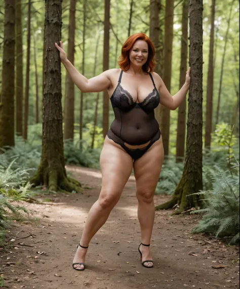 a front view of a 50 years old curvy woman walking on tedy lingerie on the forest with heels sweat a lot, best quality, masterpiece auburn hair, smile, award-winning photo