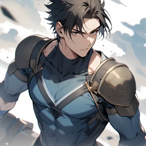 a male warrior, with an athletic body, brown dark eyes, short black hair, wearing blue and gray colored outfits.