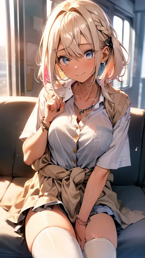 Character Focus、From above(school uniform:1.3), (Plain beige clothing around the waist:1.5), (West Knot:1.3), (white collared-shirt:1.4), ((white collar, Unbutton, Short sleeve):1.2), (Red checkered pleated skirt:1.3), ((necklace, Colorful Bracelets, × Hai...