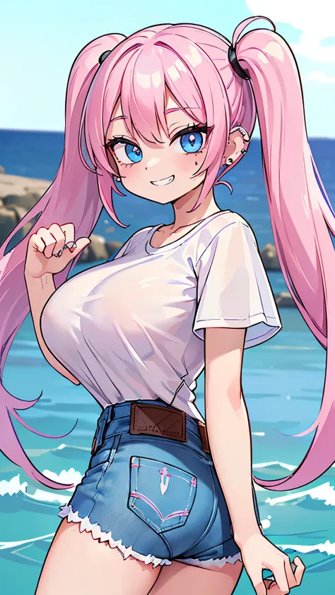 ((masterpiece、Highest quality、Super detailed)、((One person))、((Pink Hair))、((Twin tails))、((Light blue eyes))、evil smile、((Grin))、((lots of piercings))、((Very large breasts))、((White T-shirt))、Short sleeve、Short length、((denim short shorts))、Pretend、Turnin...