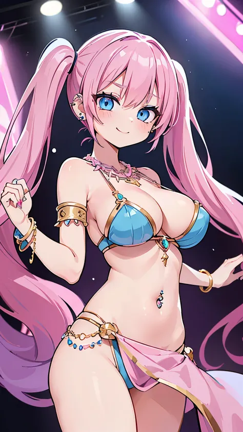 ((masterpiece、Highest quality、Super detailed)、((One person))、((Pink Hair))、((Twin tails))、((Light blue eyes))、evil smile、((lots of piercings))、((Very large breasts))、((bellydancer))、Loin cloth、Decoration、bracelet、necklace、Cowboy Shot、neon、Stage Background