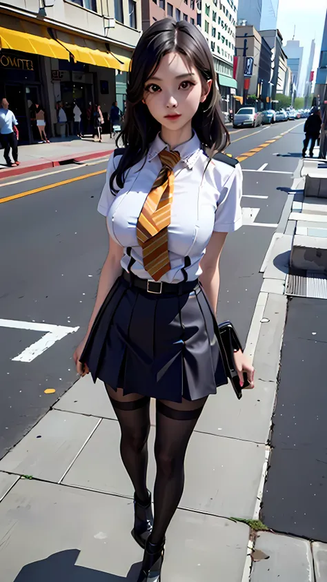 High resolution, (masterpiece:1.4), ((Giant Breasted)), Super detailed, One girl, Brown eyes, Long black hair，Wear a police uniform and a short skirt, City streets,Sexy posture, The camera is close to the body