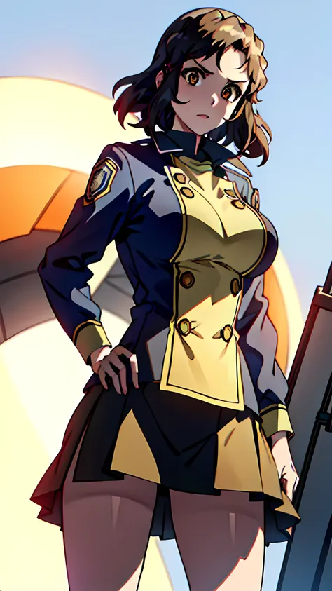 High resolution, (masterpiece:1.4), ((Giant Breasted)), Super detailed, One girl, Brown eyes, Long black hair，Wear a police uniform and a short skirt, City streets,Sexy posture, The camera is close to the body