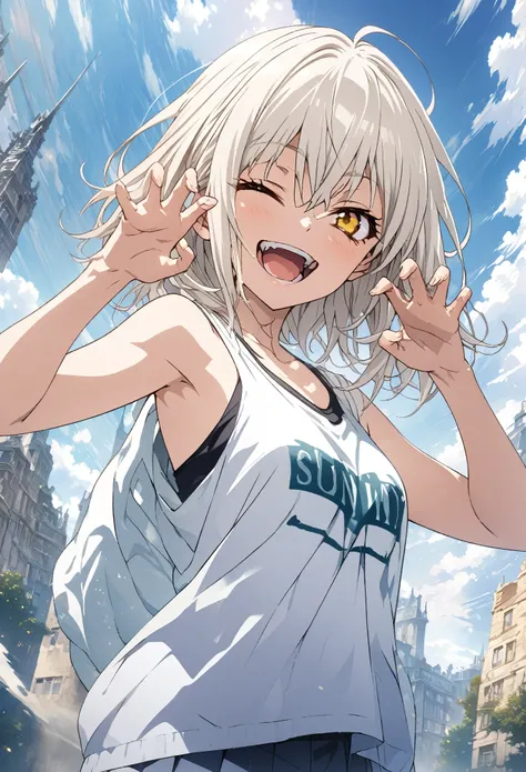masterpiece, Highest quality, Highly detailed CG Unity 8K wallpapers, High School Girl Anime Illustration. Wear an oversized tank top、Gun pose、she has her eyes closed and mouth open, smile. The background is a light pastel colored landscape..,  white hair ...