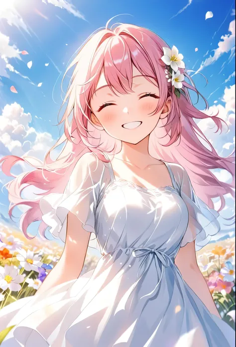 1girl,flower,outdoors,solo,dress,long hair,closed eyes,sky,holding,smile,cloud,closed mouth,field,blush,day,blue sky,white flowe...