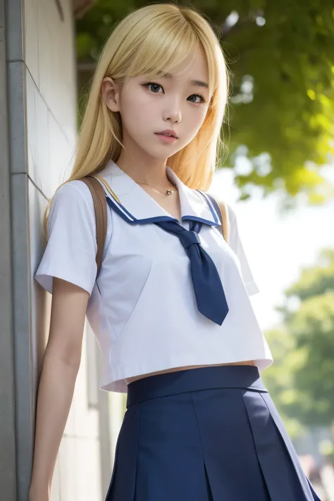 Real,８KCG,High resolution,Create a photo of a Korean Asian teenager,beautiful girl, ((blonde)),,Narrow eyes:1.5,Slim face,Underarm,Small face,Slim face,question,Back to School, High resolution, masterpiece, Ultra-fine detail, View from below, Age Down, Ult...