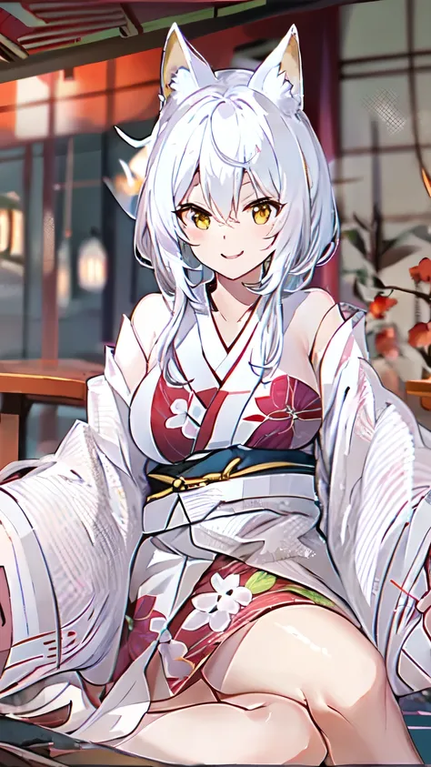 a beautiful white-haired fox girl, wearing an open kimono, with a large bust, smiling, sitting at a table, high quality, legs sp...