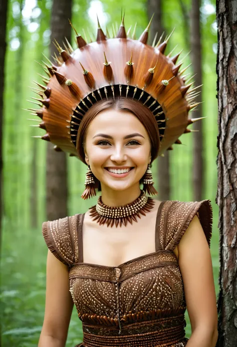 A beautiful Tatar woman in a dress made of chestnut spiked shell funnel smiles in the forest,