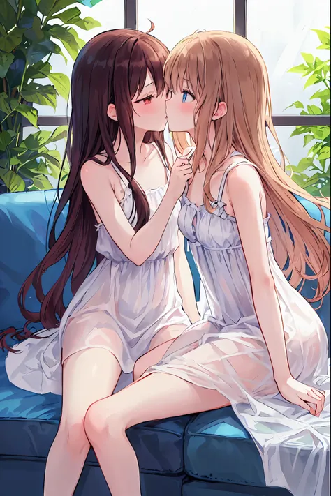 -yuri , multiple girls, 2 girls, yuri, dress, sofa, long hair, kiss, plant, eyes closed, window, indoor, sitting, blurred foregr...